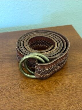 J. Crew Brown Woven Leather Belt with Brass Double-Ring Buckle